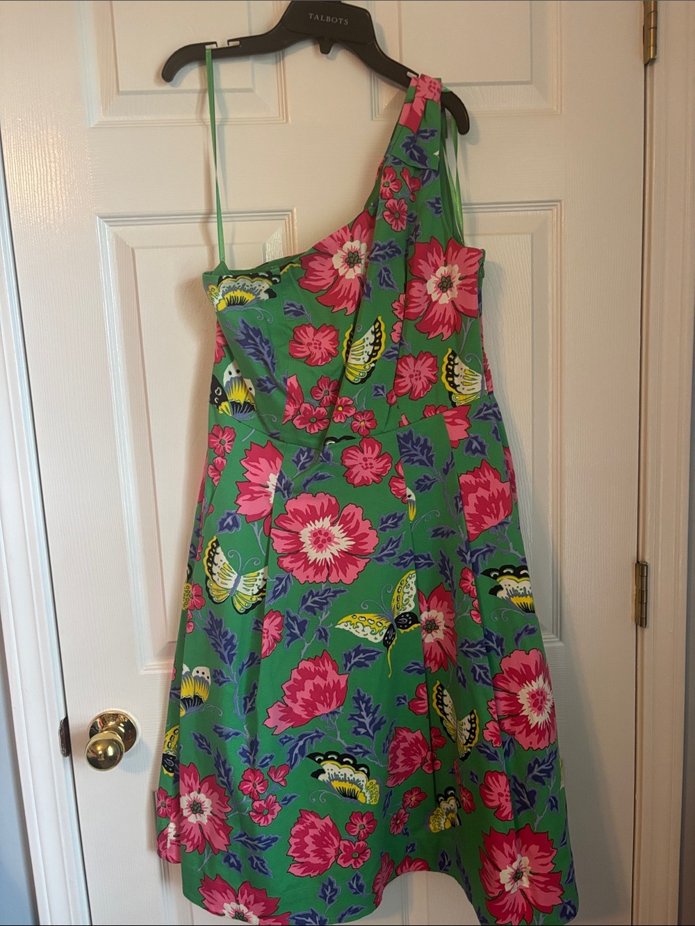 Talbots Green One-Shoulder Floral Dress with Pink and Purple Accents